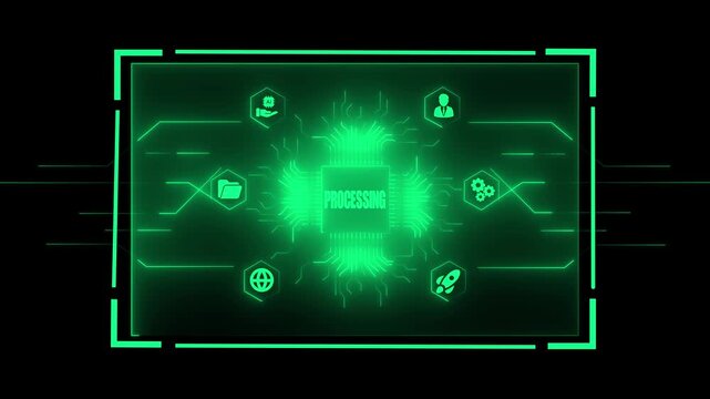 Green glowing digital circuit board with procesing text at its heart, framed by abstract representing business and data concepts on a black background keywords
