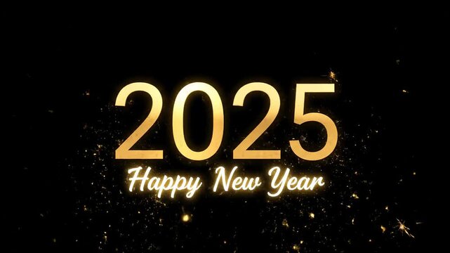 New Year 2025 greeting card with golden text and sparkly particles