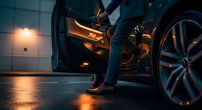 Businessman in a suit stepping out of a luxury car at night. Concept of arrival, executive travel, and professional success.
