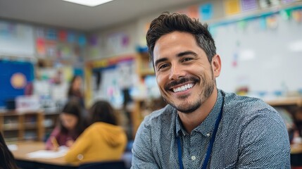 Fototapeta premium A smiling teacher in a classroom with students in the background