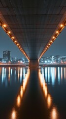 Fototapeta premium Illuminated bridge at night reflecting on calm water