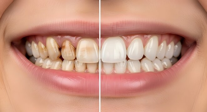 Before and after stained teeth whitening smile comparison view