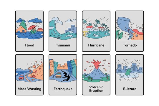 A collection of illustrations depicting various natural disasters and their names