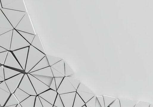 Abstract geometric background showing a clean white surface shattered into unequal angular pieces, symbolizing disconnection and negative space, puzzle, sterile, graphic