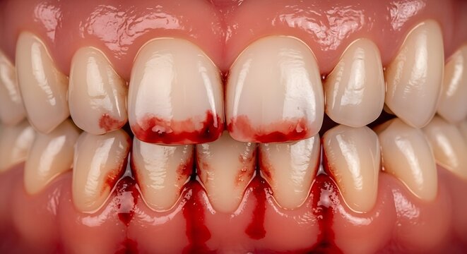 Closeup of bleeding gums around front teeth and inflammation