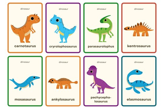 A colorful educational poster featuring eight different types of dinosaurs for kids