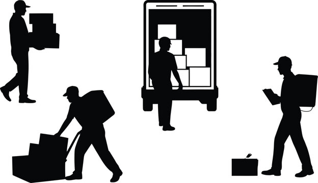 Silhouettes of people engaged in moving and delivery tasks.