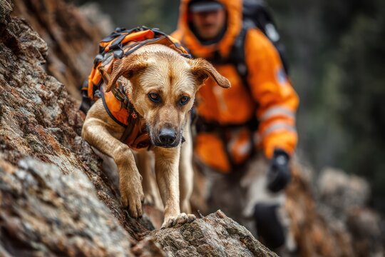 Rescue canine and handler in rocky mountains