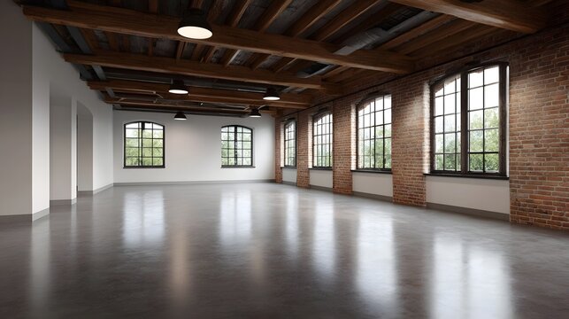 An empty industrial loft interior featuring exposed wooden beams brick walls and large arched