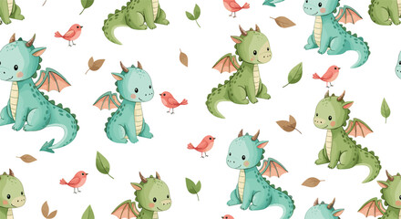 Naklejka premium Set of Cute Cartoon Dragons with Birds and Leaves, Playful Green and Blue Dragons for Kids' Illustrations and Fantasy Art