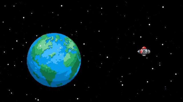 Pixelated Earth and a spacecraft floating in a starry void