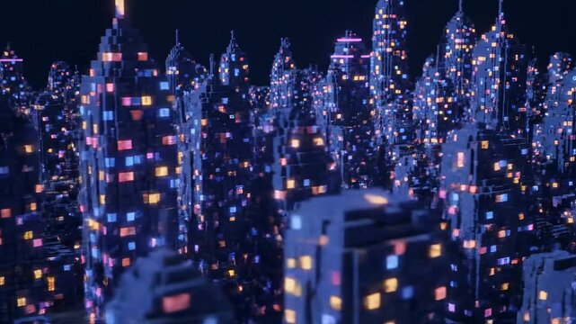 Pixelated night cityscape with illuminated square windows. Buildings glow