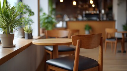 Fototapeta premium Cozy cafe interior with natural light featuring wooden furniture and abundant green plants on the ill