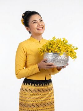 Burmese girl in traditional dress celebrating thingyan festival with padauk flowers