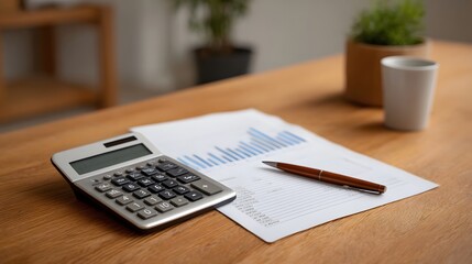 Calculator pen and financial chart document placed on a wooden desk representing business analysis accounting and planning
