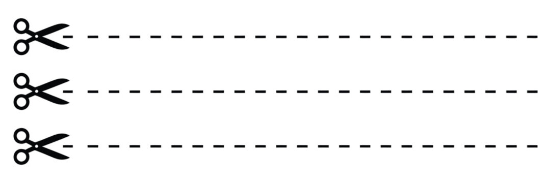 Scissors with cut lines, icon set representing cutting, editing, and trimming actions for design, sewing, and editing tools