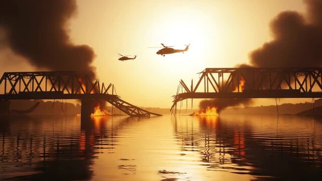 Helicopters soar over a river with burning bridges as smoke billows into the sky