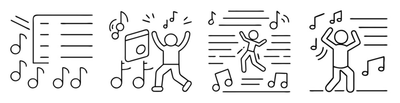 Simple black and white line art of musical score and dancing figures