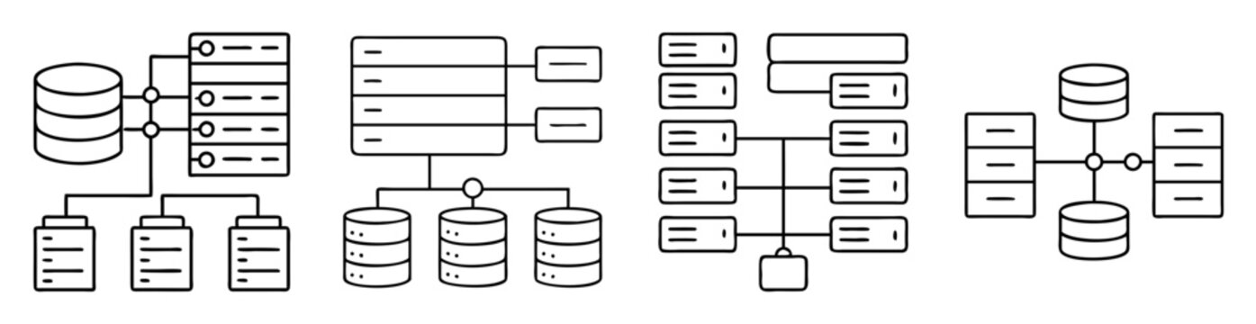 Illustration of different database and server network architectures and configurations