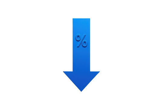 Blue arrow with percent symbol pointing down showing interest rate drop, price reduction or discount, transparent background