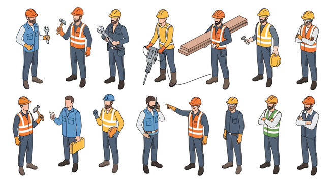 Isometric illustration of diverse construction workers with various tools