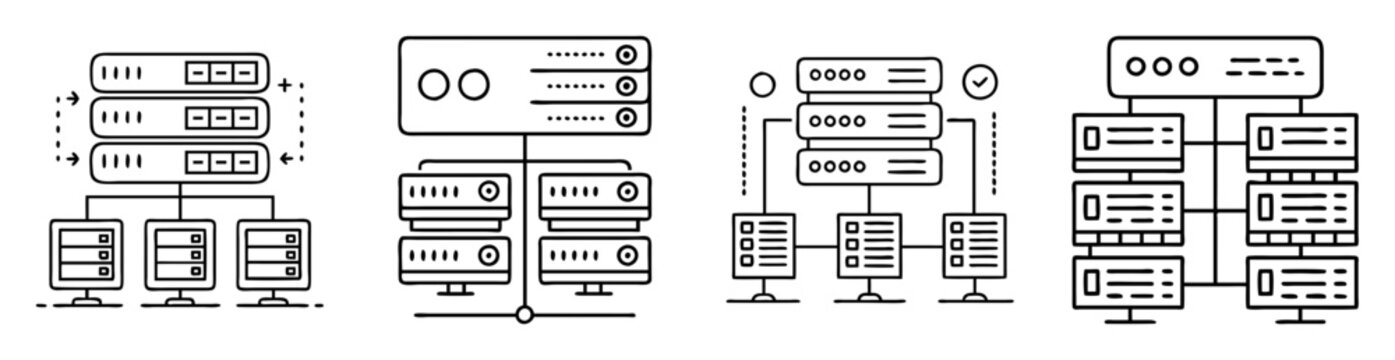 Multiple schematic representations of network architectures showcasing server client relationships