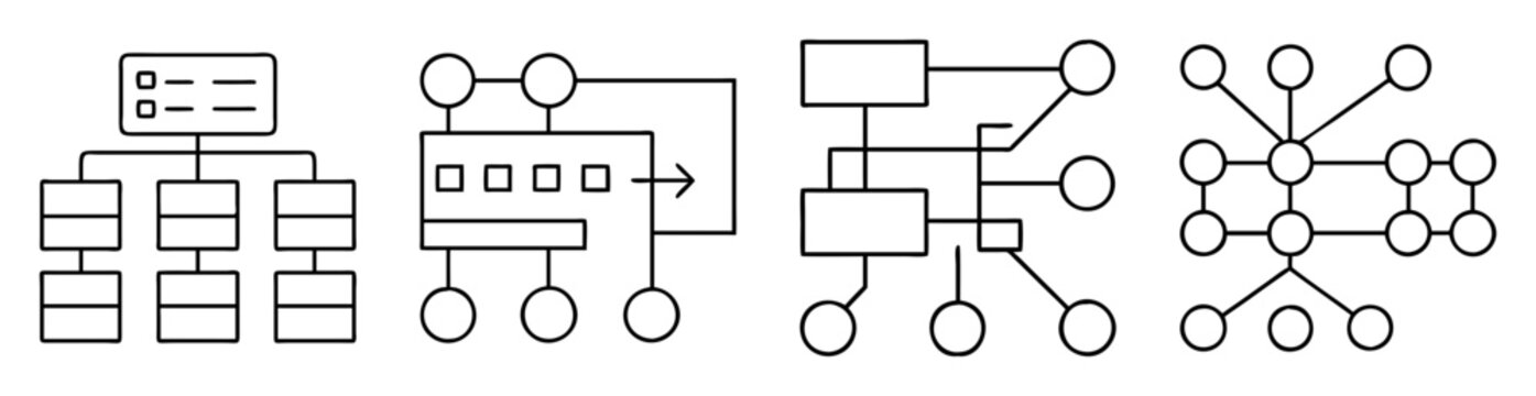 Illustration of different organization, network and flow chart structures in black and white