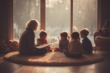 Fototapeta premium Teacher reading book to kids on carpet