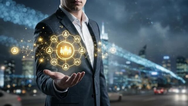 Businessman Holding Digital Network of People in Futuristic City