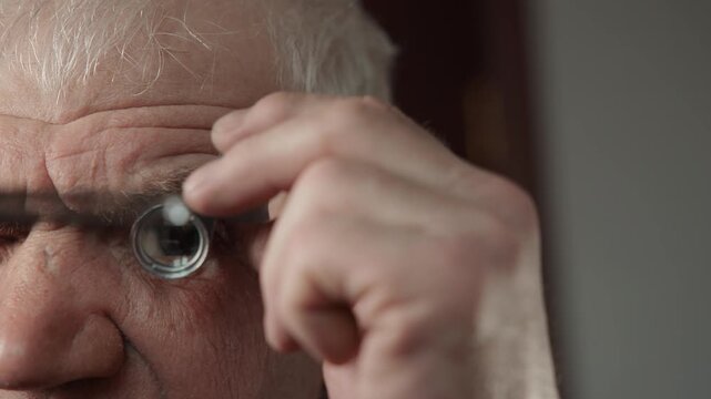 Male jeweler inspecting raw diamond with magnifier and gloves.