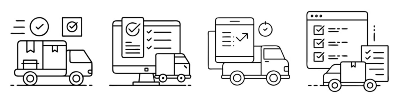Conceptual illustration of delivery trucks with checkmarks, phones and a computer screen