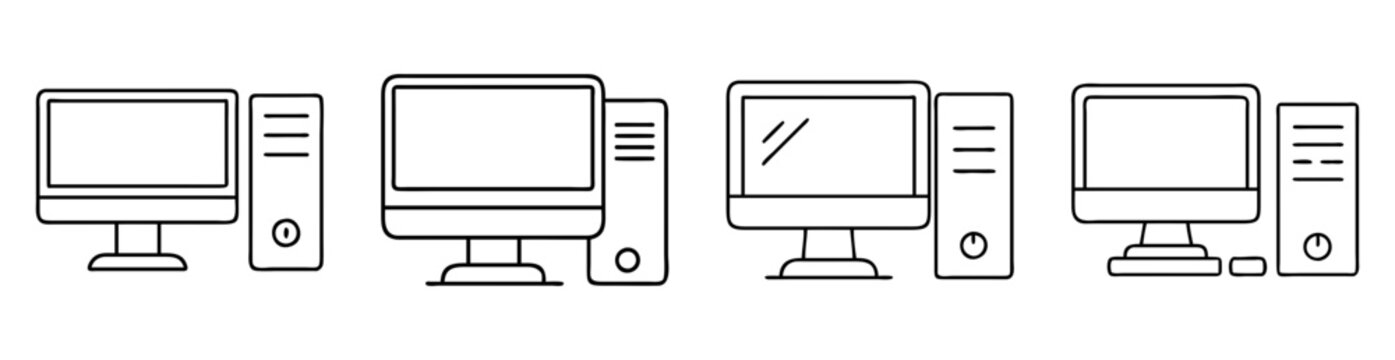 Outlined illustration of four desktop computers with monitors and CPU tower