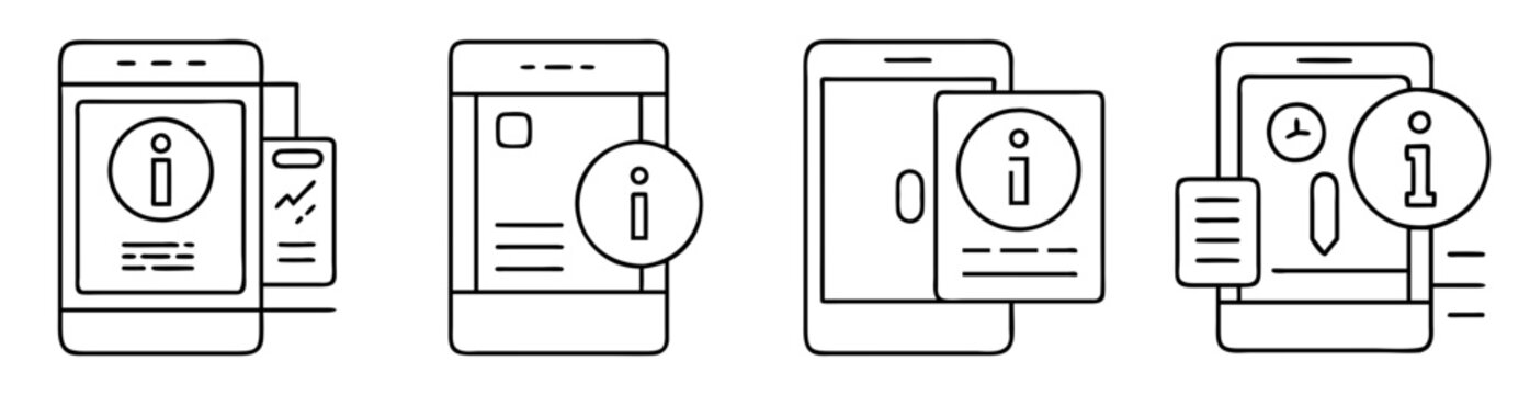 Four mobile phones displaying different types of information message notifications icons