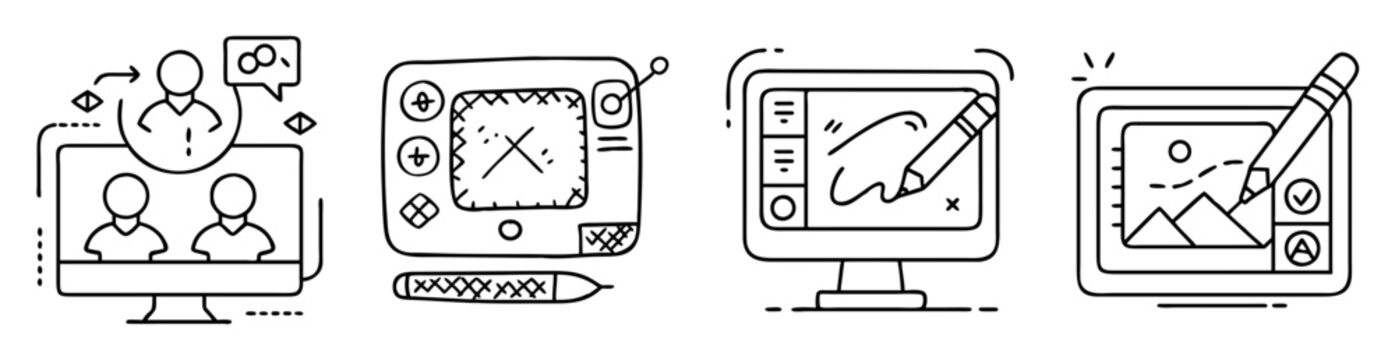Four different screens showing various aspects of creative design software tools