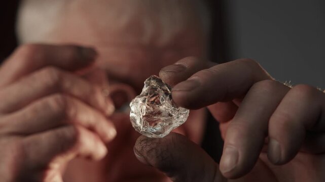Older man jeweler studying large rough raw diamond with loupe in workshop.