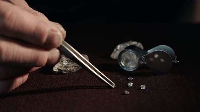 Jeweler sorting small diamonds on table with loupe visible.