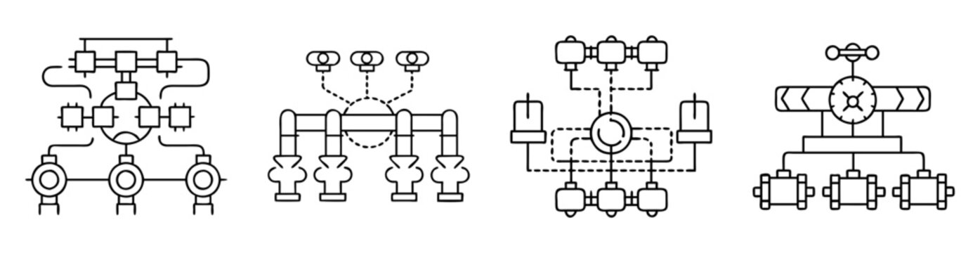 Black and white pipeline and industrial equipment schematics representing various configurations