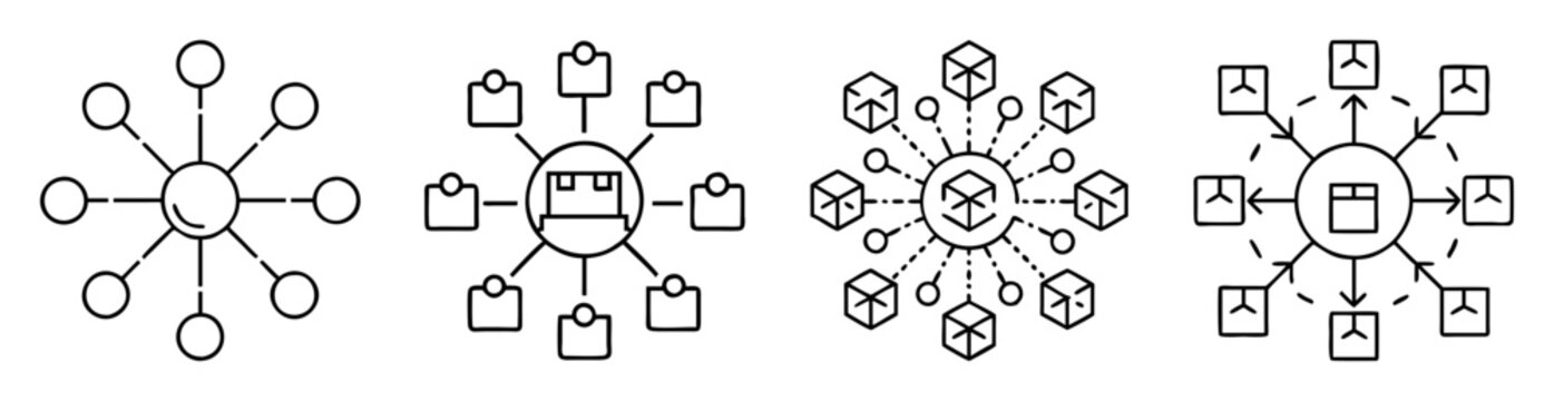 conceptual illustrations showing centralized connections to external points, variations of networks