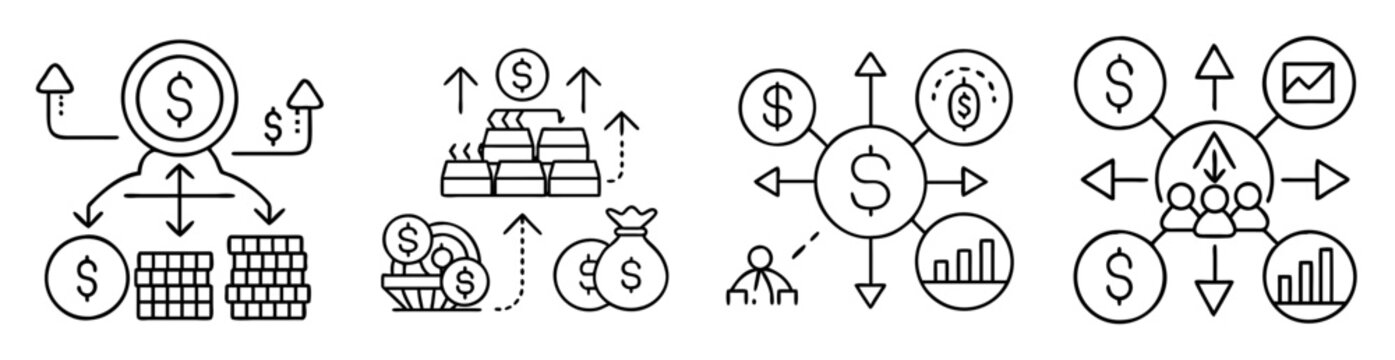 Different illustrations of financial growth and wealth investment opportunities outline