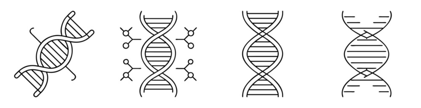 Four black and white DNA molecule representations with varying characteristics and completeness