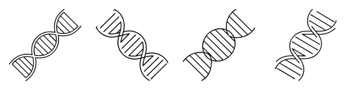 Four simple black and white DNA structures are displayed side by side