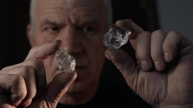 Elderly jeweler man inspecting rough diamond with loupe in indoor setting.