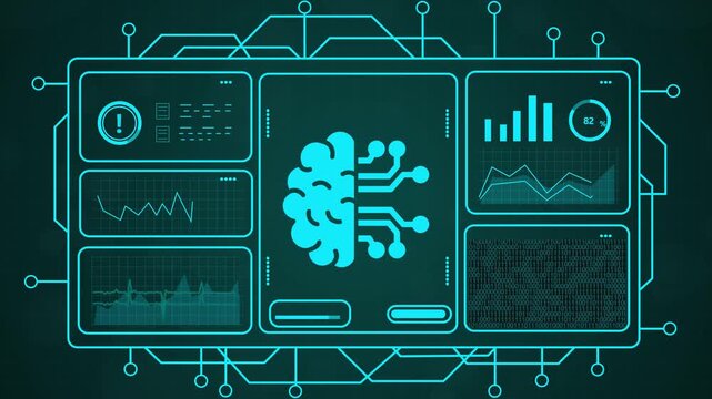 Artificial Intelligence Digital Brain Interface Concept,Abstract AI brain interface on a digital dashboard with glowing blue circuit lines and data graphs, 4K video.