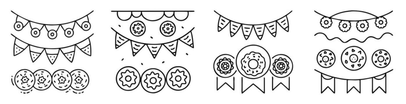 Four different styles of hanging bunting with circles, flowers and flags