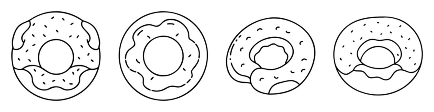Four outline doughnut illustrations with sprinkles and decorative icing isolated on white