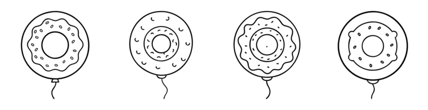 Black and white cartoon illustration of donut shaped balloons on strings