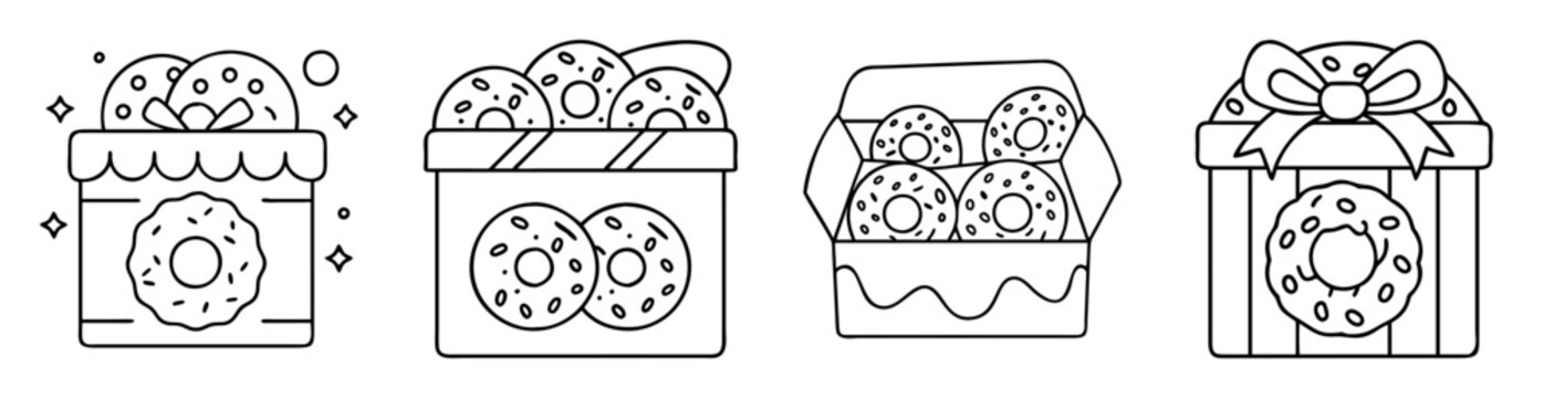 Assorted donut boxes with sweet baked treats, vector line art