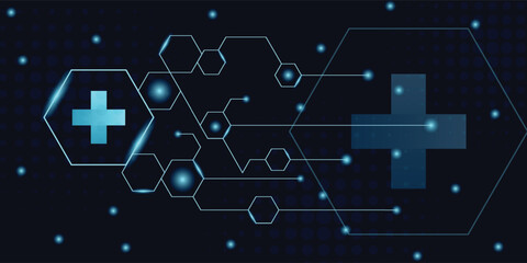 A medical technology diagram featuring interconnected glowing hexagons with health icons. A digital health background for AI in medicine or scientific biotechnology presentations. Vector illustration. © JR_DESIGN