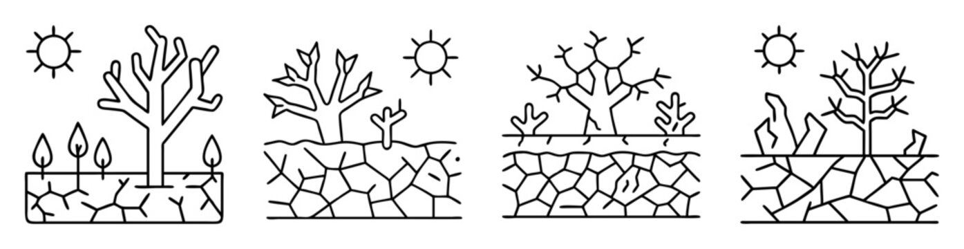 Conceptual illustration of dry land or desertification with dead trees and suns
