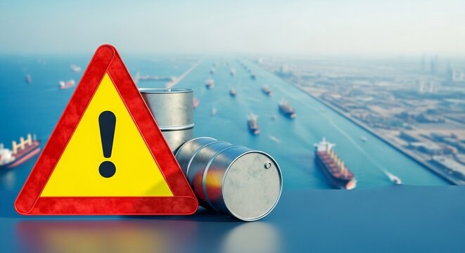 Maritime Transport Hazard, Cargo Ships with Warning Sign and Industrial Valve Risk
